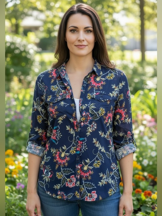 DNA couture Tops - DNA couture Mesh Navy Floral Button-Front Top with Red and Yellow Accents